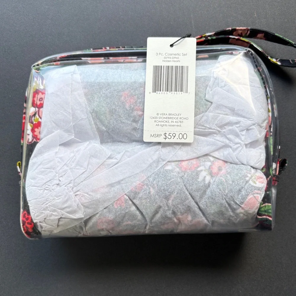 Vera Bradley Hidden Hearts 3 Pc Cosmetic Set Clear Floral Travel Bag NWT